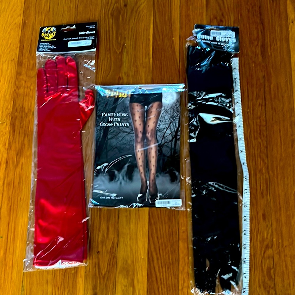 SpiritHALLOWEEN -2 pairs long gloves Red/black & pantyhose cross print NEW